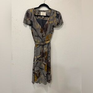 Maeve Anthropologie Women’s Dress 2 Brown A Line Short Sleeve Belted 100% Silk